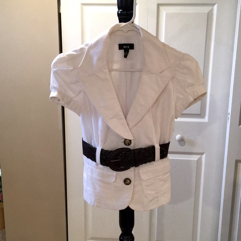 White blazer with brown belt
